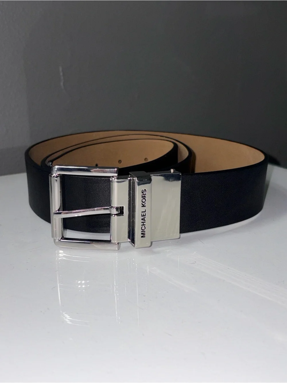 Michael Kors Gold MK Buckle All over Print Belt & Silver Buckle Solid Black Belt